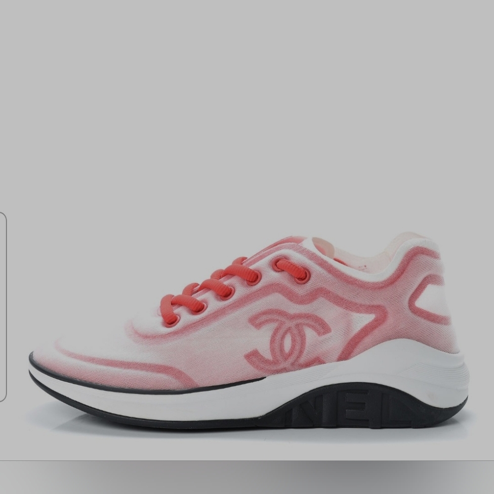 CHANEL Calfskin Mesh Lyrca Womens Logo Sneakers  White / Red
